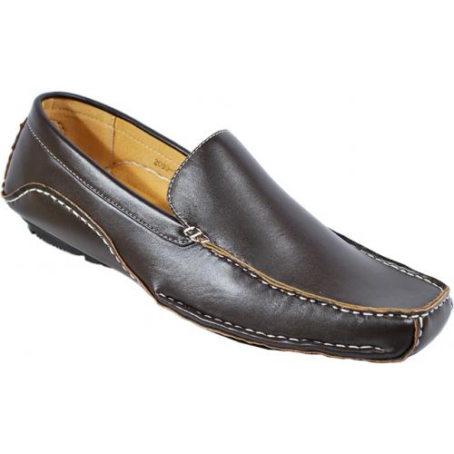 Masimo 2080-12 Chocolate Brown With White Stitching Leather Driving Moccasin Style Loafers
